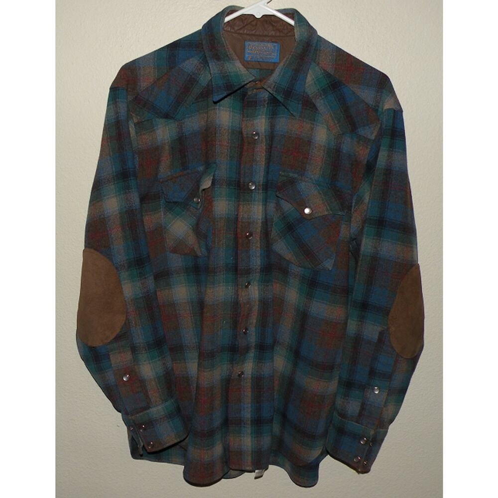 Vintage Pendleton Men’s Large Western Snap Wool Shirt Blue/Brown Plaid Made USA